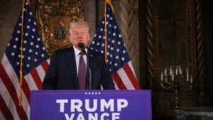 U.S. President-elect Donald Trump makes remarks at Mar-a-Lago in Palm Beach, Florida, U.S. January 7, 2025. REUTERS/Carlos Barria