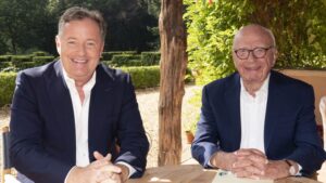 Undated handout photo issued by News UK of Piers Morgan (left) and Rupert Murdoch, executive chairman of News Corp. Piers Morgan is joining News Corp and Fox news media in a global deal, with a new TV show set to launch in early 2022.